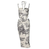 Fongt Vintage Style Slim Print Skirt Two-Piece Fashion Suit