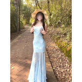 Fongt Temperament Mint Manbo Green Mesh Sling Dress Female Lace Spliced High-Waisted Fishtail