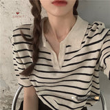 Vintage Short Sleeve Knitted T-shirts Girls Basic Striped Stretchy V-neck TShirts Tops For Women-Outfit