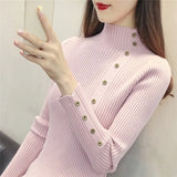 Elegant Turtleneck Women Knitted Pullover Sweater Fashion Autumn Long Sleeve Jumper Button Korean Pink Winter