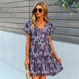 Short Sleeve V Neck Loose Ladies Casual Mini