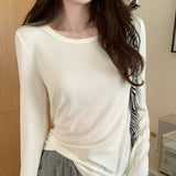 Color Round-Neck Mask T-Shirt Women's Long-Sleeved Spring New Stretch Hem Top With Bottom