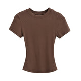 Trend Women's Wear Thread Slim Short-Sleeved T-Shirt Sexy Round Collar Solid Color Shoulder Show Thin Short Navel Blouse-Outfit