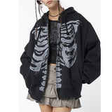 Skeleton Print Zip Up Loose Oversized Hoodie-Outfit