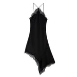 Fongt Women's 2025 Summer New Sexy Lace Asymmetric Slings Fashion Sexy Design Dress