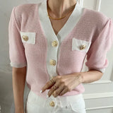 V-neck Cardigans Femme Short Sleeve Sweater Single Breasted Ropa Mujer Korean Simple Knitwears Summer 2024 Sueters-Outfit