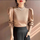 Korean Version Semi-High Round Collar Design Bubble Sleeve Knitted Sweater Autumn And Winter New Foreign Style Pullover Women's Dress-Outfit
