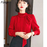 Han Queen Autumn 2022 Office Shirt Womens Blouses Lace-Up Vintage Blusas Work Casual Tops Chiffon Blouse Elegant Loose