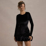 Black Velvet Long Sleeve Puff Trim Bodycon Mini Dress-Outfit
