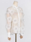 Fongt 2024 New Fashion Lapel Heavy Industry Organza Embroidery Three-Dimensional Flower Sequin Splice Design Sense Shirt-Outfit