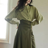 Fongt 2025 New Elegant Senior Shirt Skirt Tide French Green Asymmetric Collar Retro Suit Woman