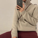 Women Rib Knitting Open Zipper Lapel Sweater 2021 Autumn Vintage Pullover Knitwear Long Sleeve Retro Ladies Knit Jumper