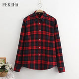 Tops And Blouses Casual Button Down Blouses Plaid Shirt Long Sleeve Female Print Cotton Tops Lady
