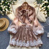 Fongt Dress Women's Neckline Bow Tie With Lantern Sleeve Lace Splicing Bright Face Chiffon Skirt Skirt Skirt