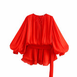Fongt Bubble Sleeve Lotus Side Wrinkle Skirt 2025 Spring And Summer Lace With Round Tie Waist Mini Dress