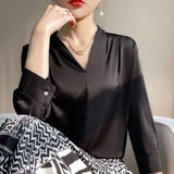 Fongt 2023 Summer Women's New Satin Shirt V-Neck Simple Nine-Minute Sleeve Temperament Versatile French Jacket-Outfit