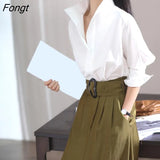 New Autumn Fashion Women's Casual Three-quarter Sleeve Cotton Shirt Elegant Stand Collar White Office Lady Loose Blouse