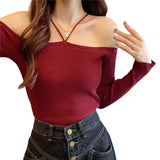 Girls Hanging Cross Hanfeng Ins Heart Temperament Words Collared Shoulder-To-Shoulder Knitting Thin Blouse White