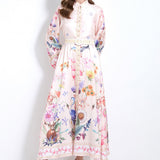 Fongt Court Elegant Fashion Print Single-D Row Lantern Sleeve Dress Women's Waists Thin Big Brand Long Dress