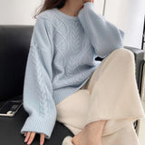 Fongt Pure And Fresh 2024 Autumn Winter New Sweet And Gentle Wind Round Collar Loose Show Thin Long Sleeve Knit Sleeve Sweater Bottom-Outfit