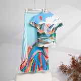 Fongt Fashion Set Women's Summer French High-Grade Folding Print Short-Sleeved Top + Loose A Word 100-Fold Long Skirt
