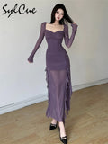 Winter Party Queen Purple Mature Sexy Beautiful Confident Elegant Graceful Women'S Translucent Thin Straight Dress-Outfit