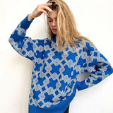 Oversize Women Sweater Pullover Half Collar Knitted Check Autumn Female Jumper Sweaters 2022 Geometric Long Sleeve