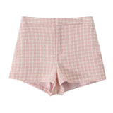 Pink Plaid Tweed Jacket And Shorts Set-Outfit