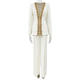Fongt New Fashion Heavy Industry Embroidered Lucide Nails Diamond Jacket Trouser Set Two Sets