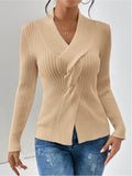 Fongt Women's Knitwear Fashion Temperament Thread Under The Fork Long Sleeve Solid Color Sweater