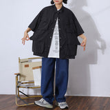 Fongt Cityboy Solid Color Multi-Pocket Overalls Short-Sleeved Shirt Men And Women Loose Retro Function Shirt Tide-Outfit