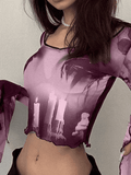 Cropped Flare Cuffs Mesh Blouse-Outfit
