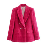 Fongt Women's Spring And Autumn Fashion Double Buckle Flowers This Lattice Suit Jacket Retro Long-Sleeved Pocket Suit Jacket