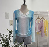 Fake Two Sunscreen Long-Sleeved T-Shirt Women Autumn Design Dizzling Drawstring Folding Short Top