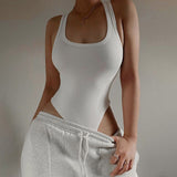 Fongt Style 2024 Summer Women's Solid Color Slim U-Neck Sleeveless Vest Jumpsuit-Outfit