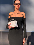 Women's Black Brown Sky Blue Off Shoulder Long Sleeve Sexy Celebrity Party Skinny Elegant Long Bandage Dress