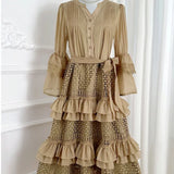 Fongt Elegant Gentle Wind Horn Sleeve Hollow Lace Splicing Cake Dress Women's Waist Thin Temperament