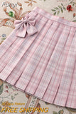 Sweet Bow Jk Plaid Skirt Women Fashion High Waist Adjust Button Girls Pleated Skirt Summer Preppy Style Sexy Mini