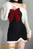 Sweet Two Piece Set Women Japanese Style Bow Y2K Party Dress Set Female Sexy Elegant Slim Mini Dress Suit Winter