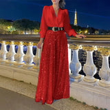Fongt Buy Through The New Fashion V-Neck Long-Sleeved Shirt Temperament Elegant Waist Display Thin Bright Leg