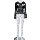 Fongt Women's Autumn And Winter Perspective Mesh Bow Bow Collar Tight Wave Dot