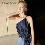 Asymmetrical Lace Up Vest For Women Skew Collar Sleeveless Sexy Solid Tank Tops Female Summer New Clothes