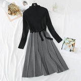 Winter Striped Pleated Knit Dresses Women's Elegant Slim Mock Neck Sweater Bottomed Dress Korean Casual Vestidos With