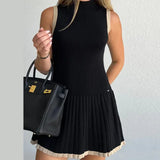 Fongt Women's Explosive Knitted Mini Dress Fashion Round Collar Folded A-Character Dress