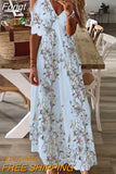 Short Sleeve Holiday Dress For Women Vintage Print V Neck Maxi Party Dress Elegant Ladies Loose Long Retro Dress