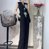Fongt Sets Of 2025 Autumn And Winter New Sleeveless Nail Drill Flower Top High Waist Broad Leg Trousers Set Woman