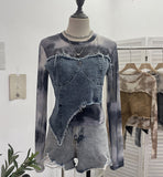 Vintage Dye Mesh Spliced Denim Shoulder Long-Sleeved T-Shirt T-Shirt T-Shirt Dress