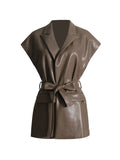 Fongt 2024 New Fashion Retro Handsome Lapel Belt Waist Show Thin Pu Vest Long Folded Vest-Outfit