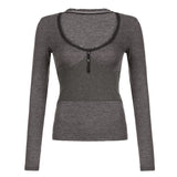 And Casual Solid Color Button Splicing Tight T-Shirt Spring / Summer 2024 New Hot Girl Style V-Collar