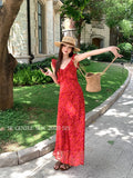 Fongt Xixi 2025 Summer New Korean Version Of High-Waisted Vacation Sling Dress V-Neck Print Pure Desire Skirt 88346